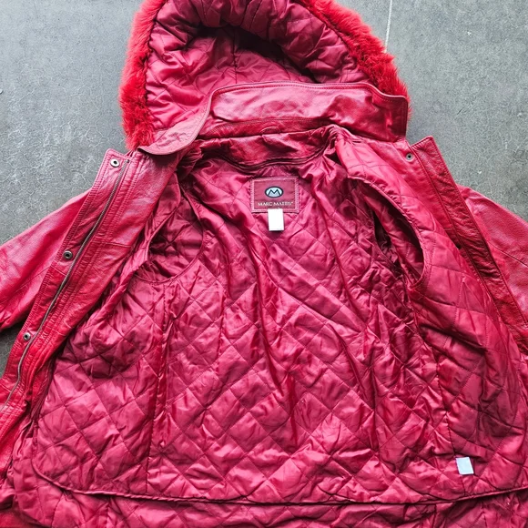 Marc Mattis Red Genuine Leather Coat Fur Hood Quilted Lined Women's S - Picture 4 of 5